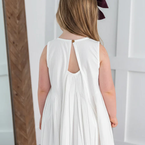 White Heart Dobby Pintuck Gathered Dress