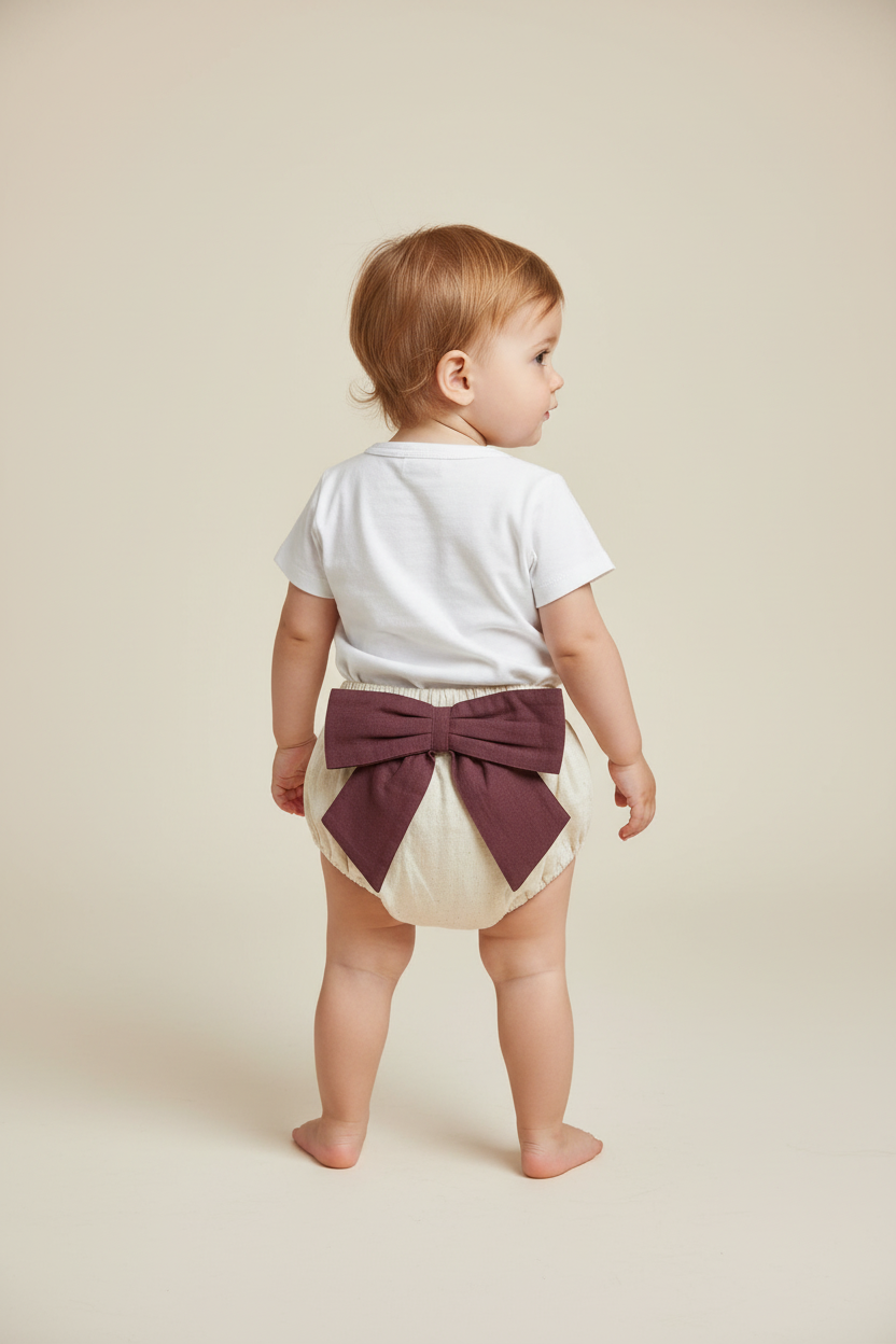 Set of 3 - Ivory Diaper Covers with Contrast Bows in Sage, Ochre & Burgundy. - Yo Baby Online