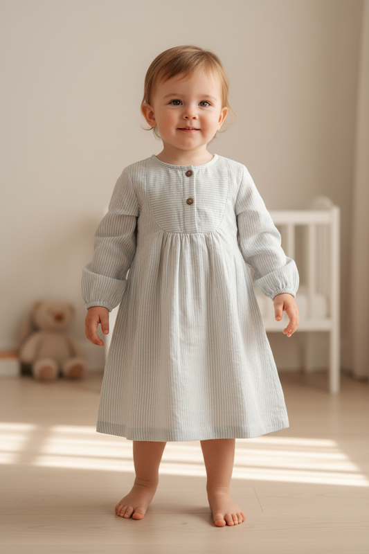 Stripe Print Balloon-Sleeve Cotton Dress : SAGE : Infant : Toddler : Tween