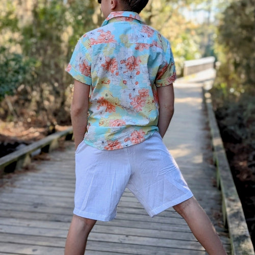 Boys Turquoise Printed Cotton Shirt with Matching White Shorts