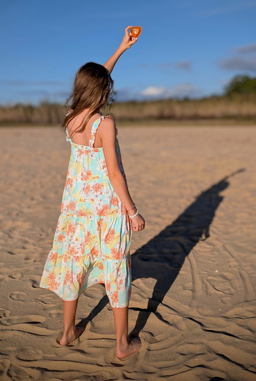Turquoise Floral Printed Multi-Tiered Ruffle Dress Yo Baby Online Turquoise Floral Printed Multi-Tiered Ruffle Dress Yo Baby Online
