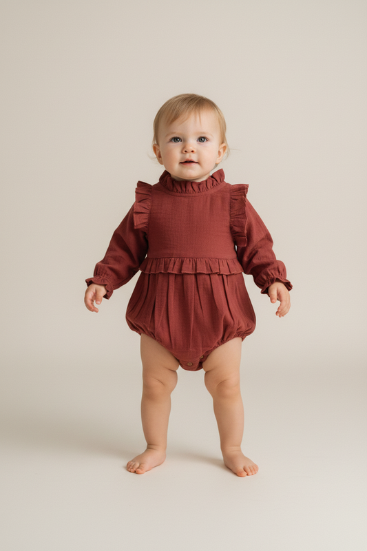 Maroon Full-Sleeves Ruffles Infant Romper - Yo Baby Online