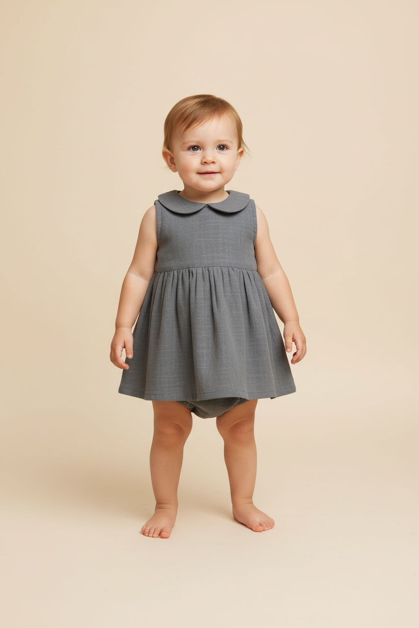Grey Peter-Pan Collar Dress & Diaper Cover - Yo Baby Online