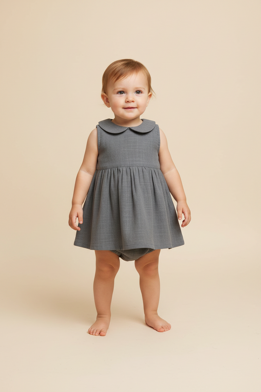 Grey Peter-Pan Collar Dress & Diaper Cover - Yo Baby Online