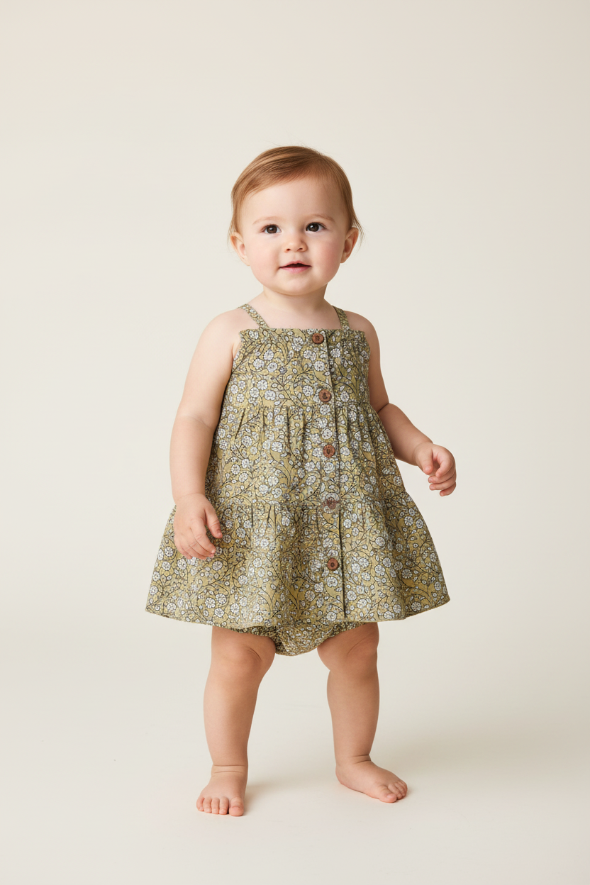 Green Floral Printed Tiered Dress and Bloomers — Cotton Baby Girl Set | 0-24 Months