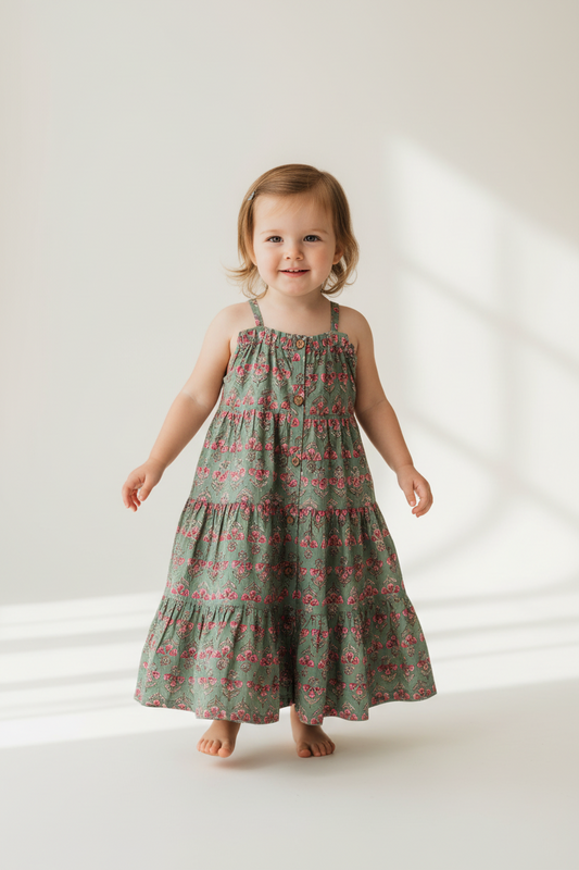 Sea Foam Floral Printed Tiered and Lace Detail Dress — Cotton Girls Dress | Infant to Tween 0-13 Years