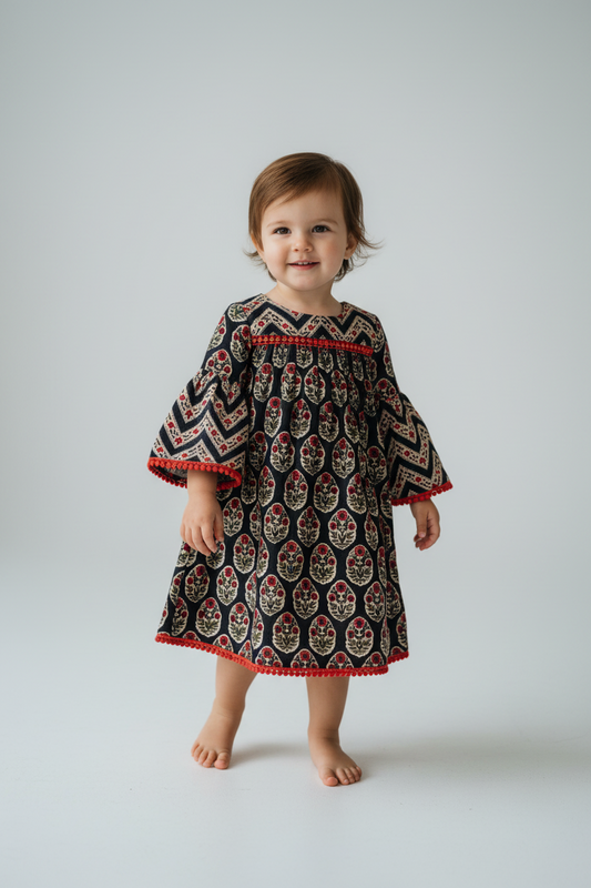 Floral Print Bell Sleeves Gathered Dress — Cotton Girls Dress | Infant to Tween 0-13 Years