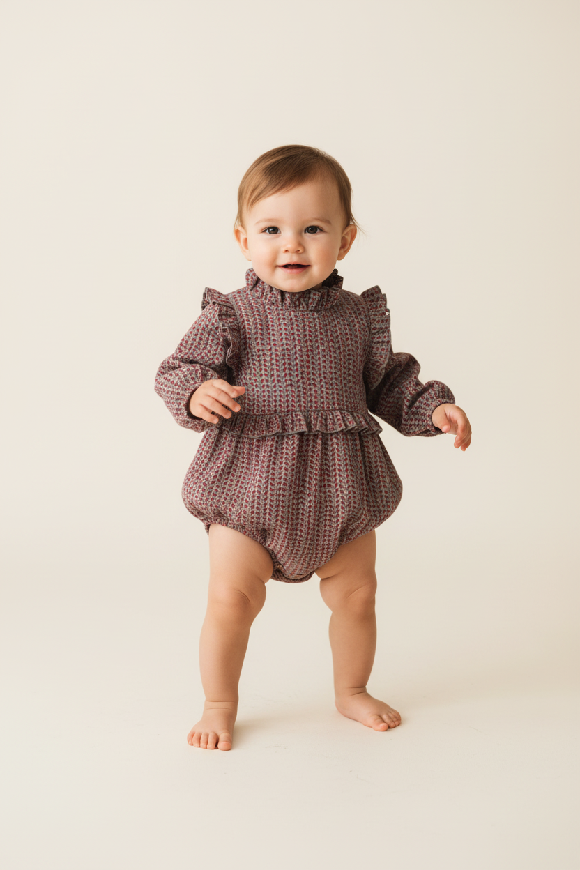 Grey Printed Full Sleeves Romper — Cotton Baby Girl Romper | 0-24 Months