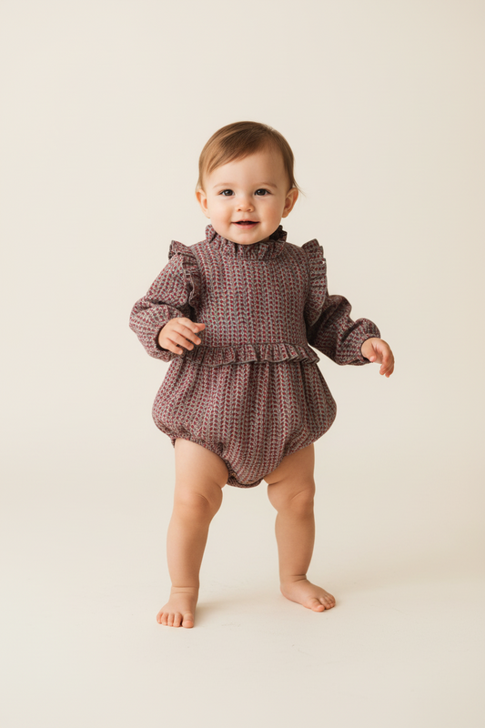 Grey Printed Full Sleeves Romper — Cotton Baby Girl Romper | 0-24 Months