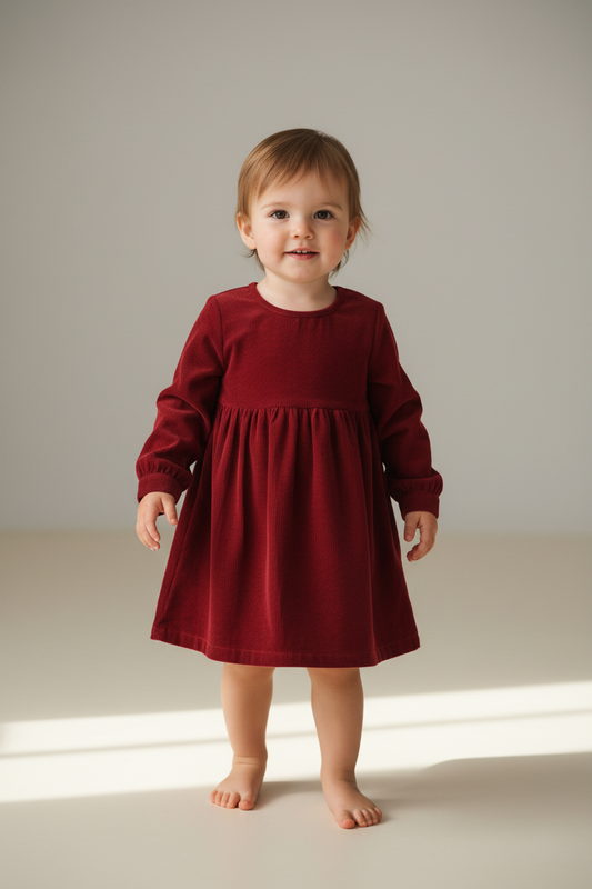 Maroon Corduroy Infant Dress — Cotton Baby Girl Dress | 0-24 Months