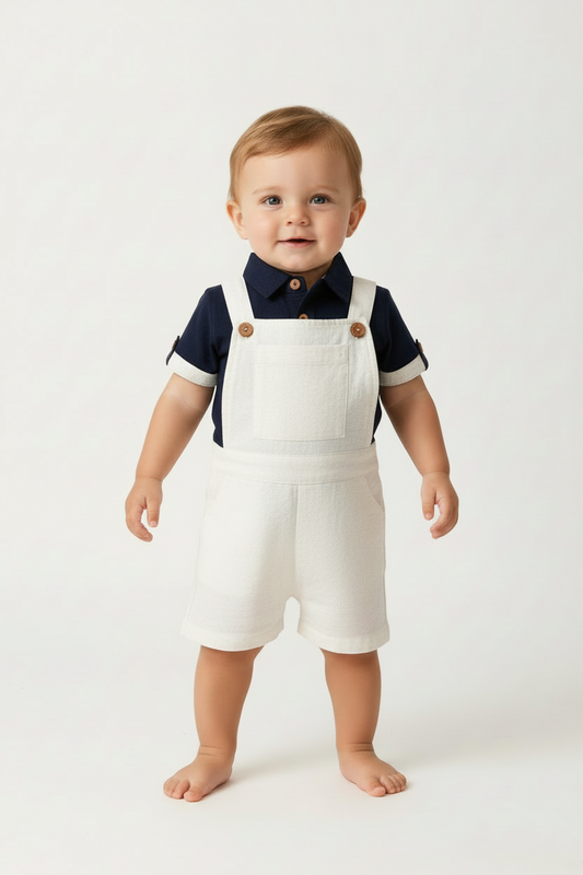 Infant Romper-Shirt and Overalls Set -Navy & Ivory - Yo Baby Online