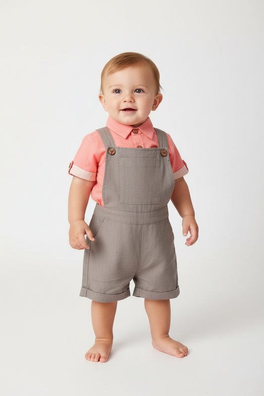 Infant Romper-Shirt and Overalls Set - Coral & Grey - Yo Baby Online