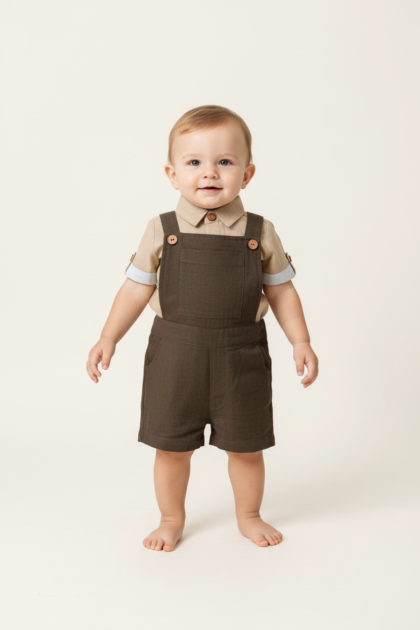 Infant Romper-Shirt and Overalls Set - Beige & Olive - Yo Baby Online