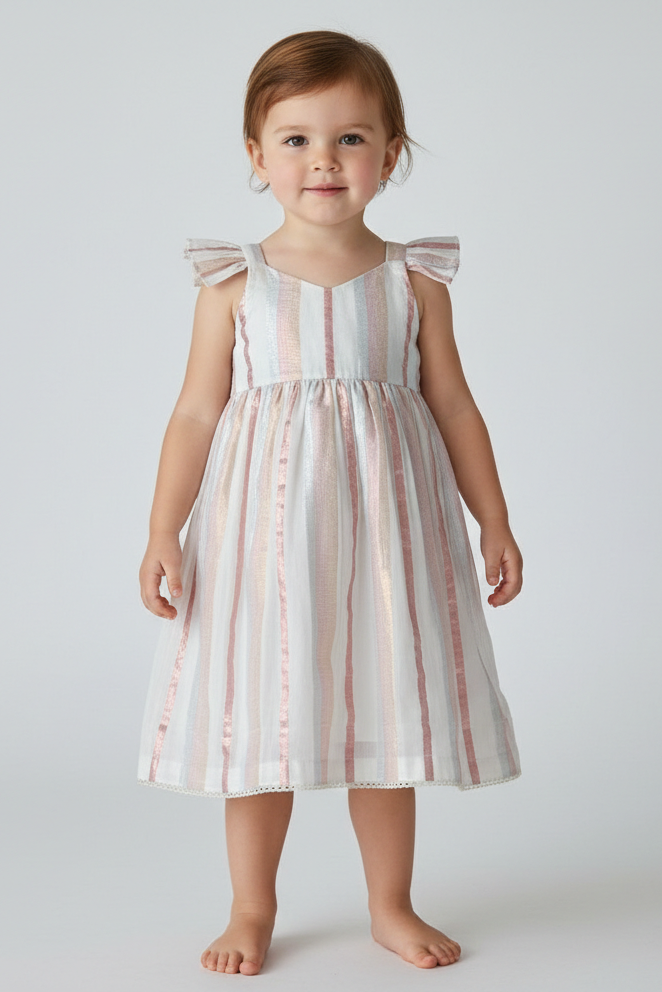 Off-White Multi Color Lurex Sleeve Ruffle Gathered Dress — Festive Girls Dress | 0-13 Years