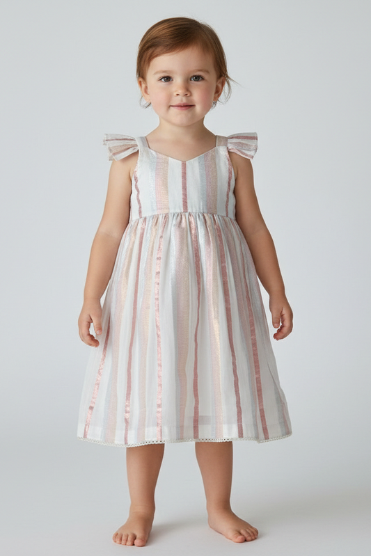 Off-White Multi Color Lurex Sleeve Ruffle Gathered Dress — Festive Girls Dress | 0-13 Years