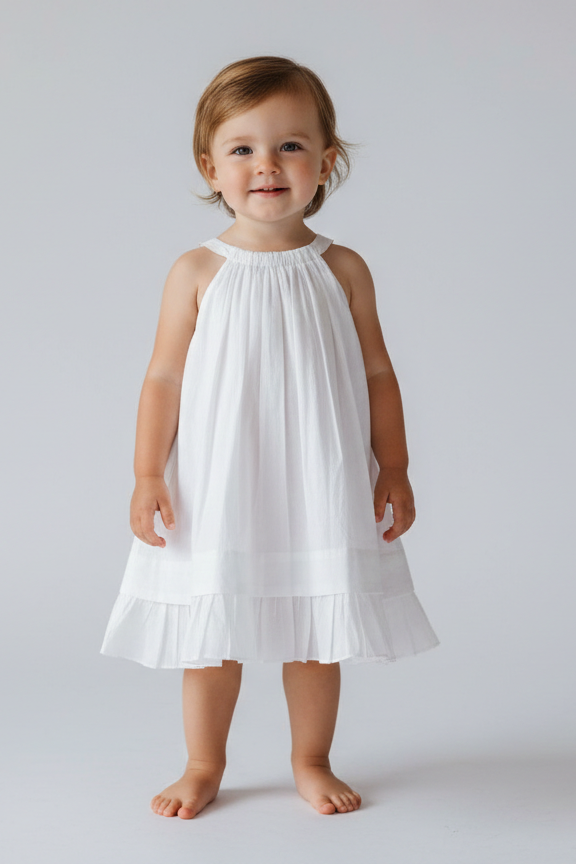Ecru Neck Gathered Bottom Ruffle Dress — Cotton Girls Dress | Infant to Tween 0-13 Years