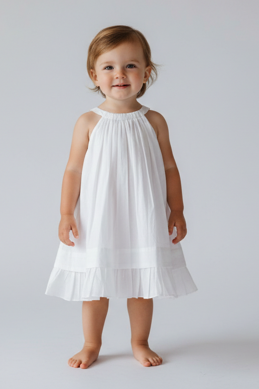 Ecru Neck Gathered Bottom Ruffle Dress — Cotton Girls Dress | Infant to Tween 0-13 Years