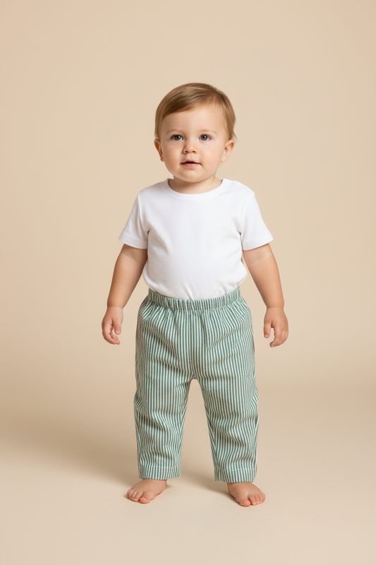 Unisex Sage Green Stripes Print Pant — Cotton Kids Pants | 0-13 Years