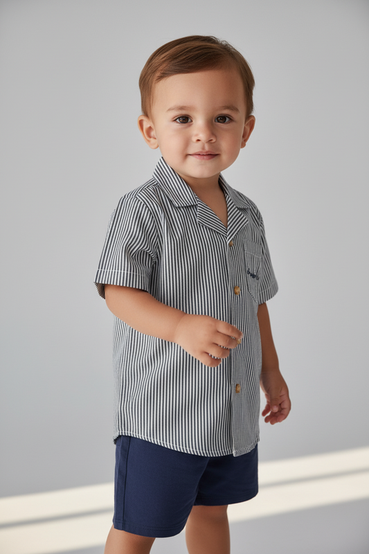 Grey Stripes Print Half-Sleeves Boys Shirts