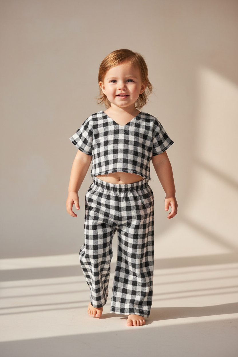 Black Checkered Print Top and Pant Set — Cotton Girls Co-Ord | 0-13 Years