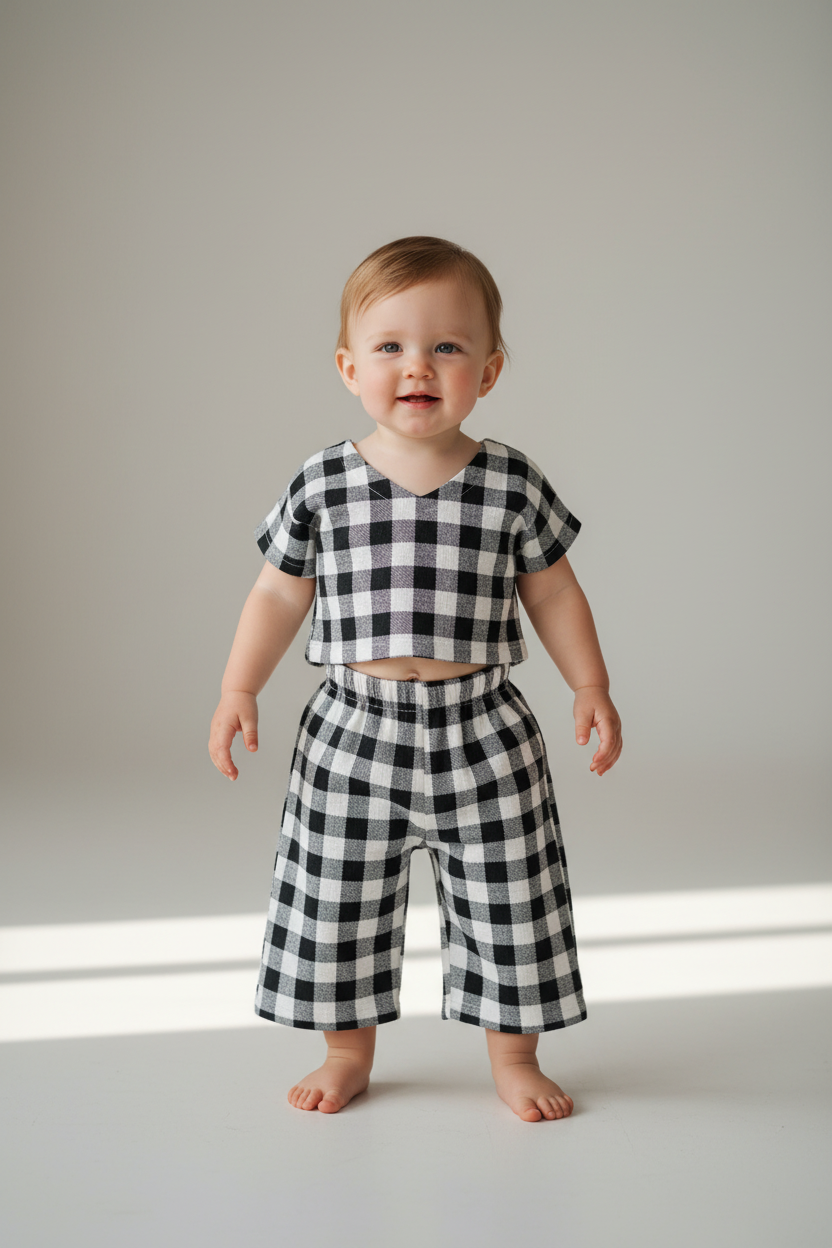 Black Checkered Print Infant Top and Pant Set — Cotton Baby Girl Set | 0-24 Months