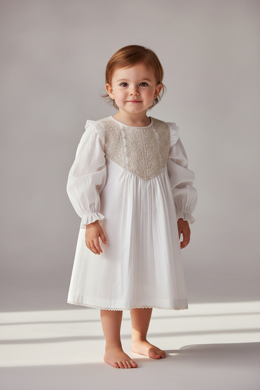 Ecru Long Sleeves Dress — Cotton Girls Dress | Infant to Tween 0-13 Years