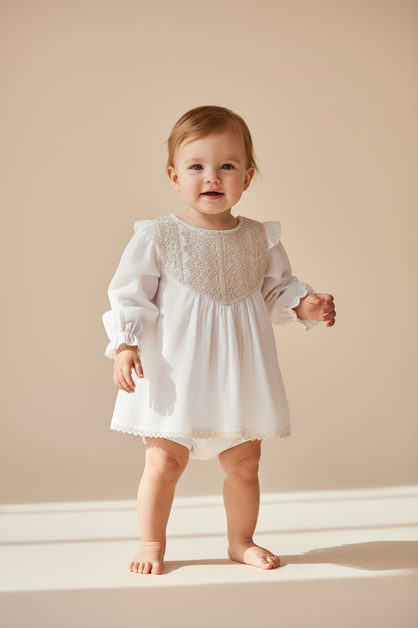 Ecru Long Sleeves Dress and Bloomers — Cotton Baby Girl Set | 0-24 Months
