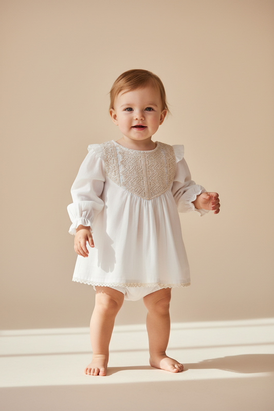 Ecru Long Sleeves Dress and Bloomers — Cotton Baby Girl Set | 0-24 Months