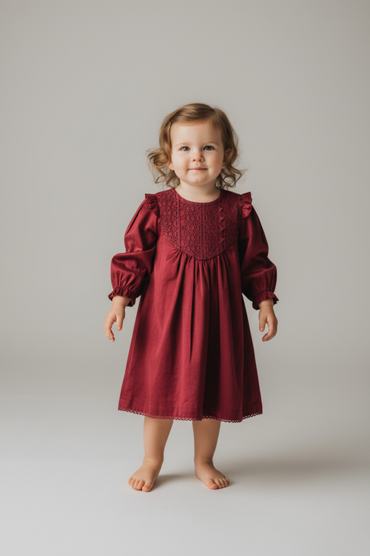 Maroon Long Sleeves Dress — Cotton Girls Dress | Infant to Tween 0-13 Years