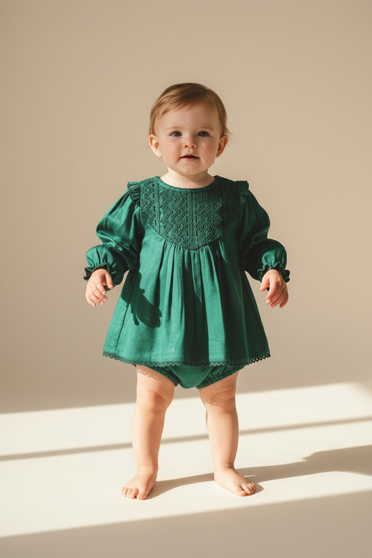Dark Green Long Sleeves Dress and Bloomers