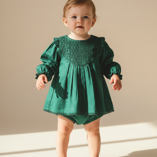 Dark Green Long Sleeves Dress and Bloomers — Cotton Baby Girl Set | 0-24 Months