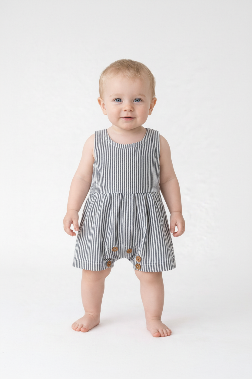 Grey Stripes Printed Baby Romper — Cotton Baby Girl Romper | 0-24 Months