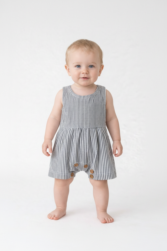 Grey Stripes Printed Baby Romper — Cotton Baby Girl Romper | 0-24 Months