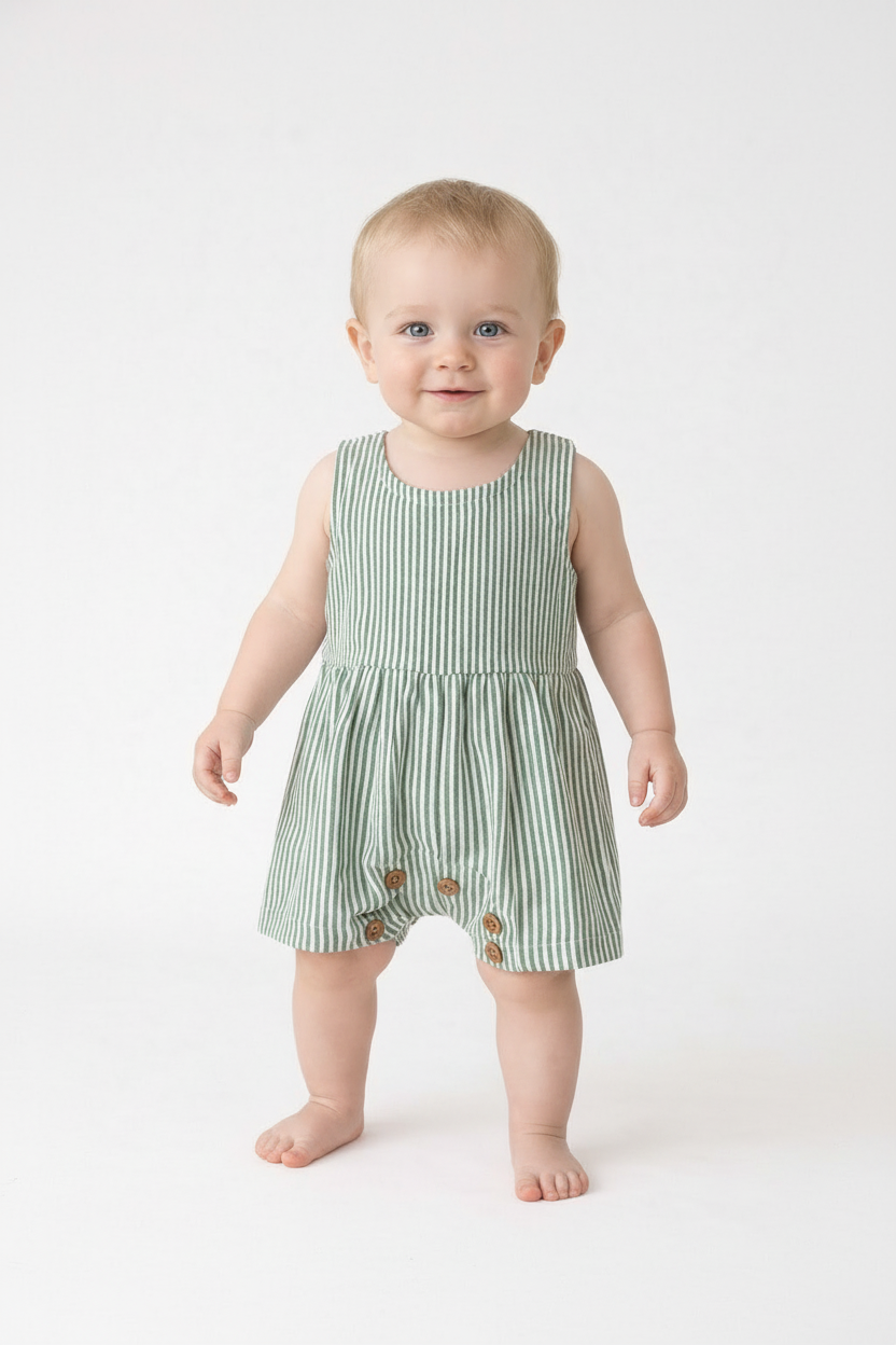 Sage Green Stripes Printed Baby Romper — Cotton Baby Girl Romper | 0-24 Months