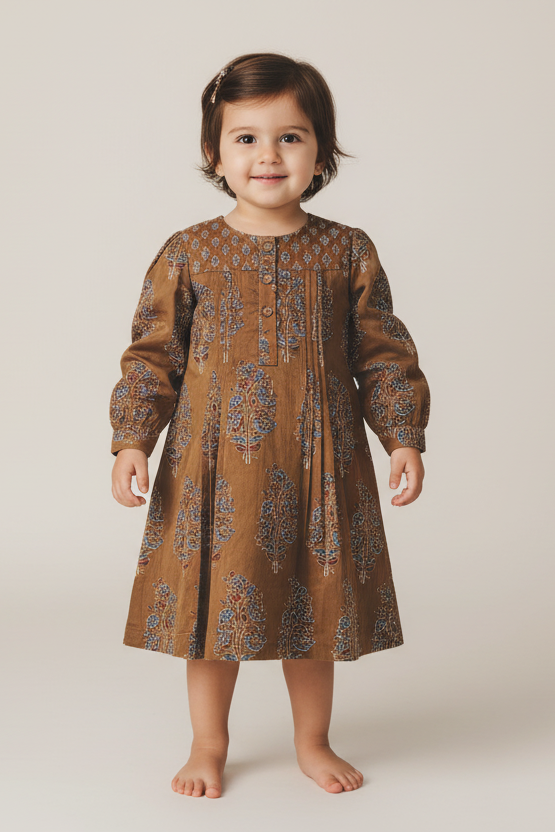 Floral Long Sleeve Dress with Pintuck Detail — Cotton Girls Dress | Infant to Tween 0-13 Years