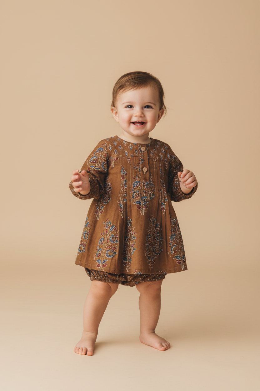 Floral Long Sleeve Dress with Pintuck Detail and Diaper Cover Set — Cotton Baby Girl Set | 0-24 Months