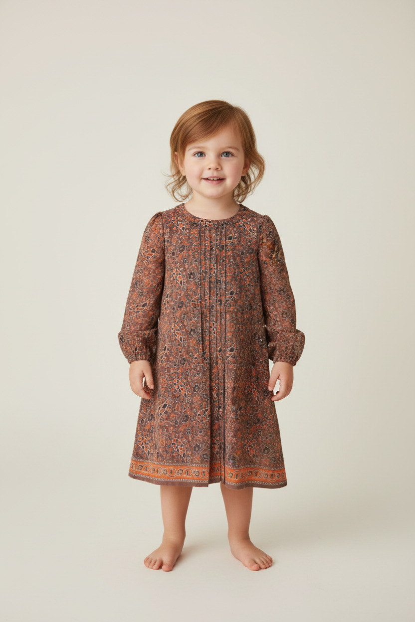 Paisley Printed Long Sleeve Dress with Pleat Detail — Cotton Girls Dress | Infant to Tween 0-13 Years
