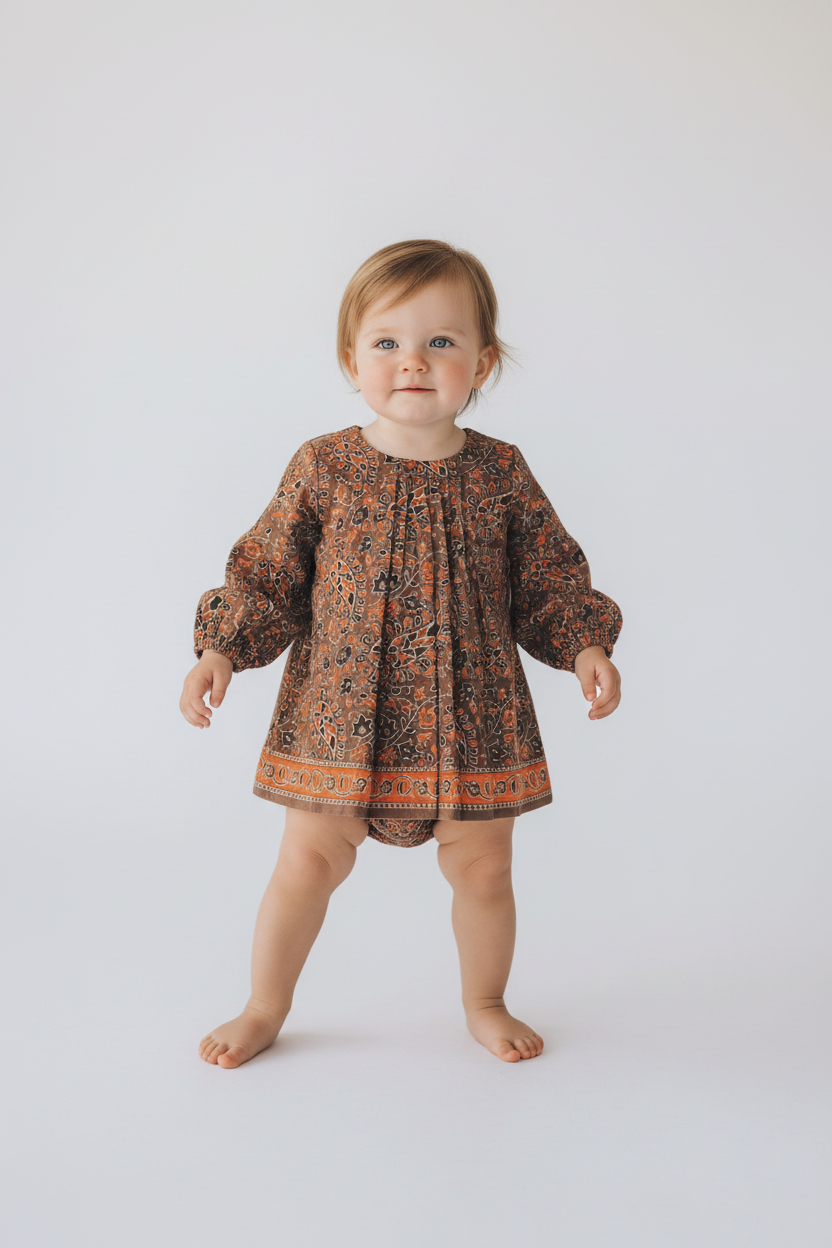 Paisley Printed Long Sleeve Dress with Pleat Detail and Diaper Cover Set — Cotton Baby Girl Set | 0-24 Months
