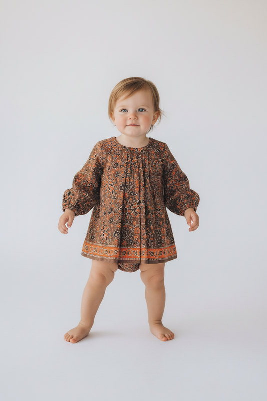 Paisley Printed Long Sleeve Dress with Pleat Detail and Diaper Cover Set — Cotton Baby Girl Set | 0-24 Months