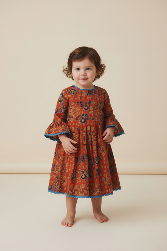 Maroon Printed Dress Long Sleeve With Pleat & Lace Detail - Yo Baby Online