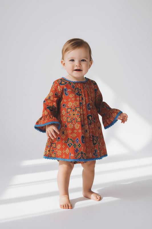 Maroon Printed Long Sleeve Dress with Pleat and Lace Detail and Diaper Cover Set — Cotton Baby Girl Set | 0-24 Months
