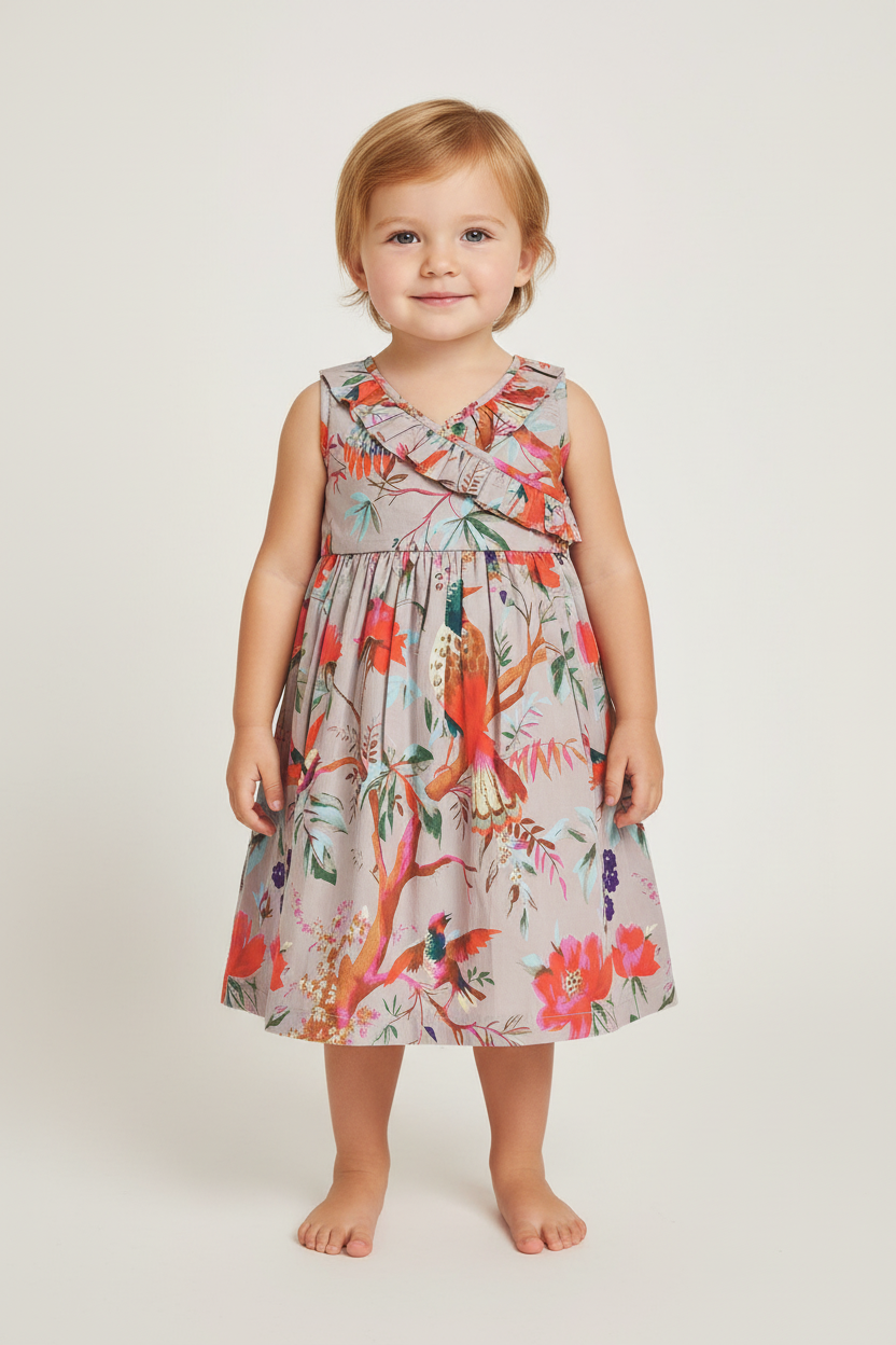 Bird Print Shift Dress with Ruffle Detail — Cotton Girls Dress | Infant to Tween 0-13 Years