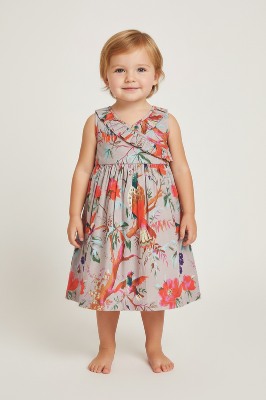 Bird Print Shift Dress With Ruffle Detail