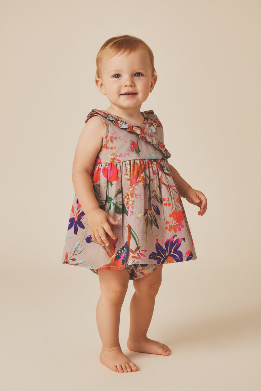Bird Print Shift Dress with Ruffle Detail and Diaper Cover Set — Cotton Baby Girl Set | 0-24 Months