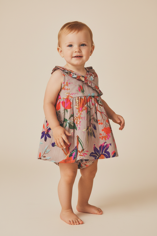 Bird Print Shift Dress with Ruffle Detail and Diaper Cover Set — Cotton Baby Girl Set | 0-24 Months