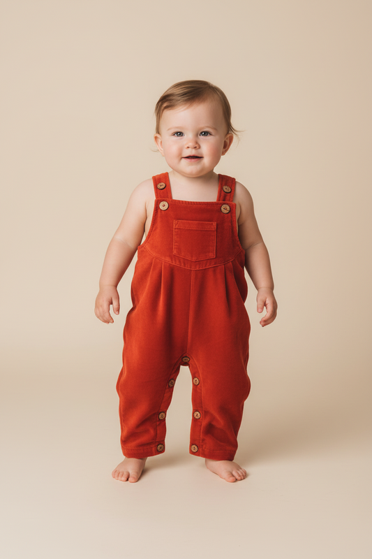 Red Micro Velvet Baby Overall With Pocket & Pleat Detail