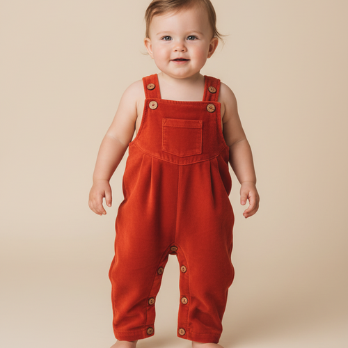 Red Micro Velvet Baby Overall With Pocket & Pleat Detail