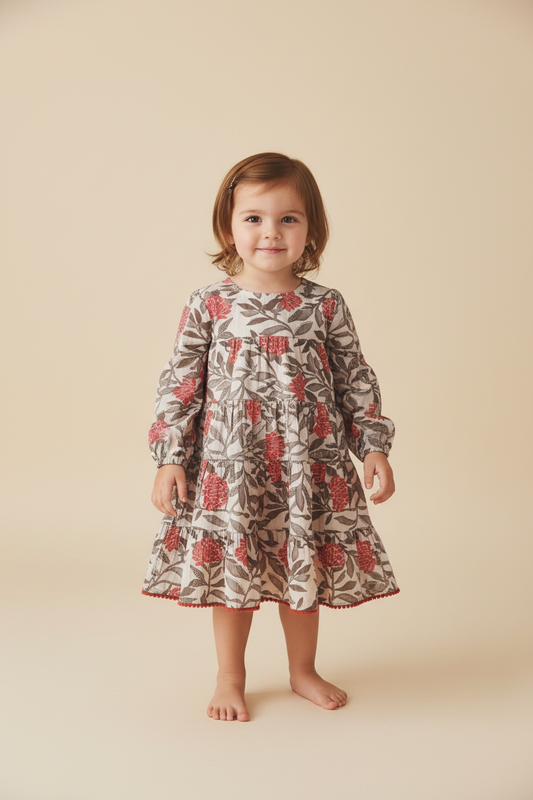 Floral Tiered Long Sleeve Dress with Lace Detail — Cotton Girls Dress | Infant to Tween 0-13 Years