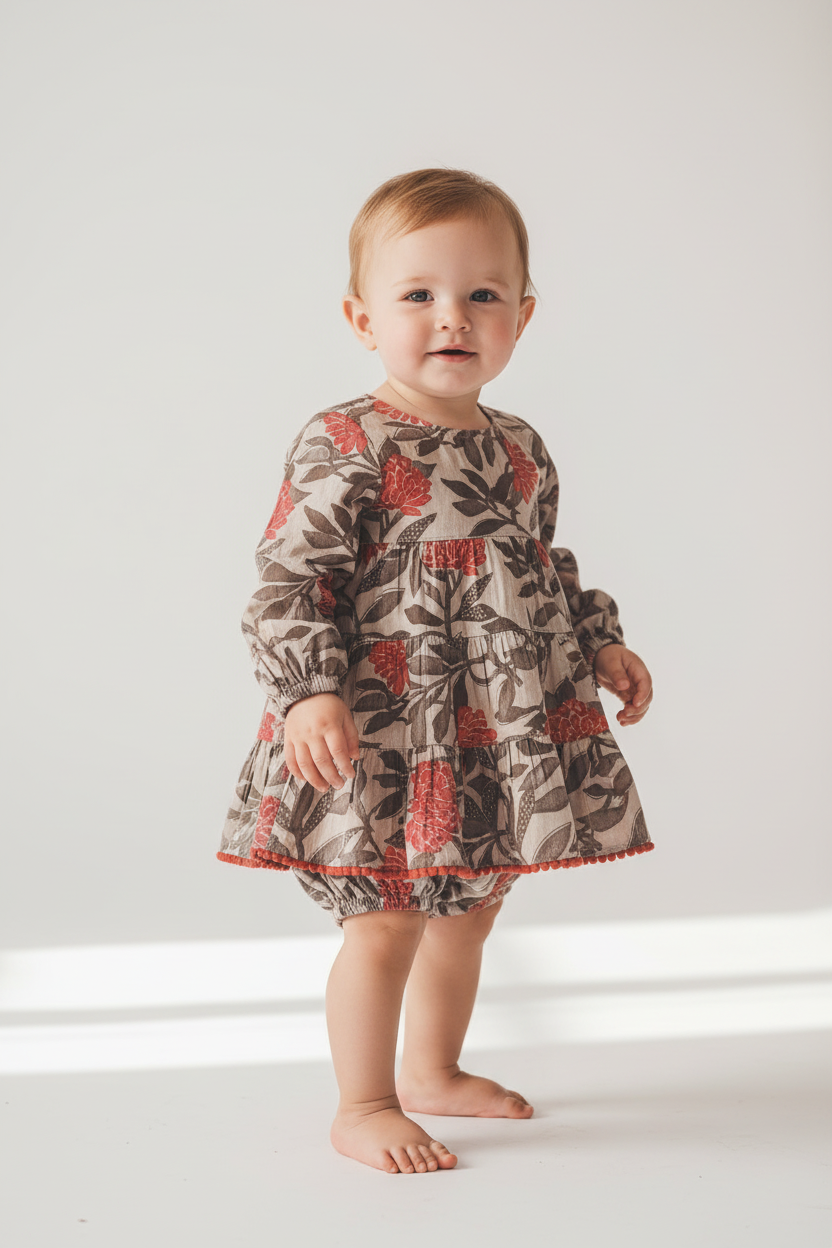 Floral Tiered Long Sleeve Dress with Lace Detail and Diaper Cover Set — Cotton Baby Girl Set | 0-24 Months