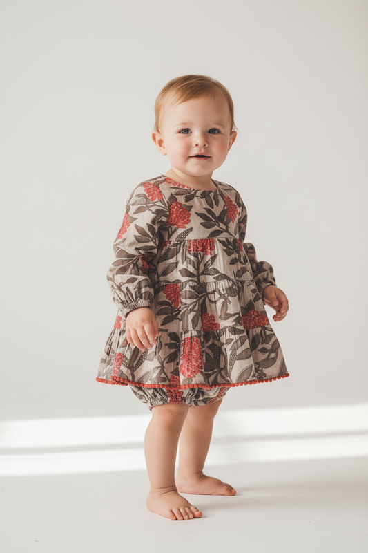 Floral Tiered Long Sleeve Dress with Lace Detail and Diaper Cover Set — Cotton Baby Girl Set | 0-24 Months